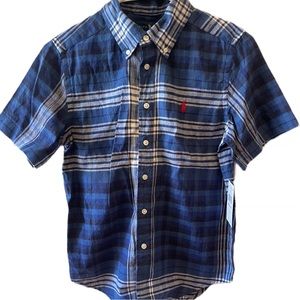 Ralph Lauren boys navy plaid button down short sleeve shirt, Medium (10-12)